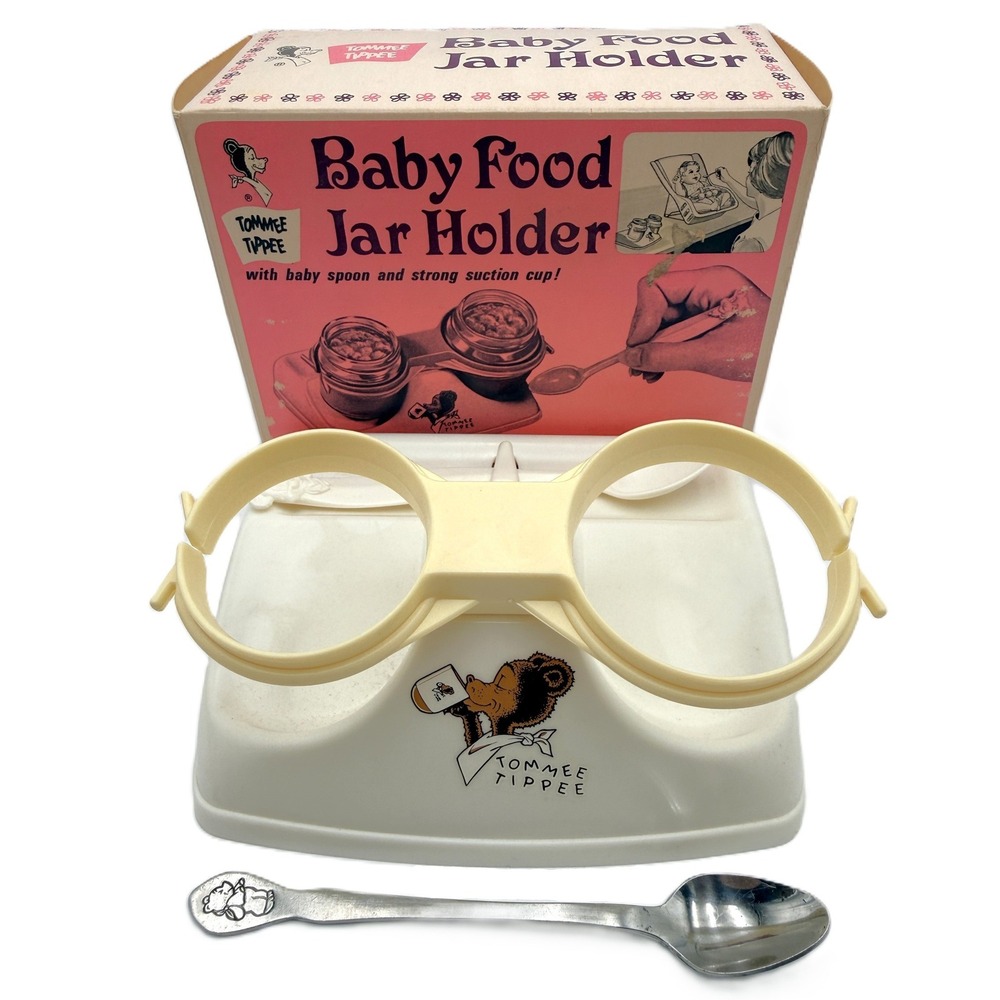 1960s Tommee Tippee BABY FOOD JAR Holder w 2 Spoons Orig Box New Old Stock w Box